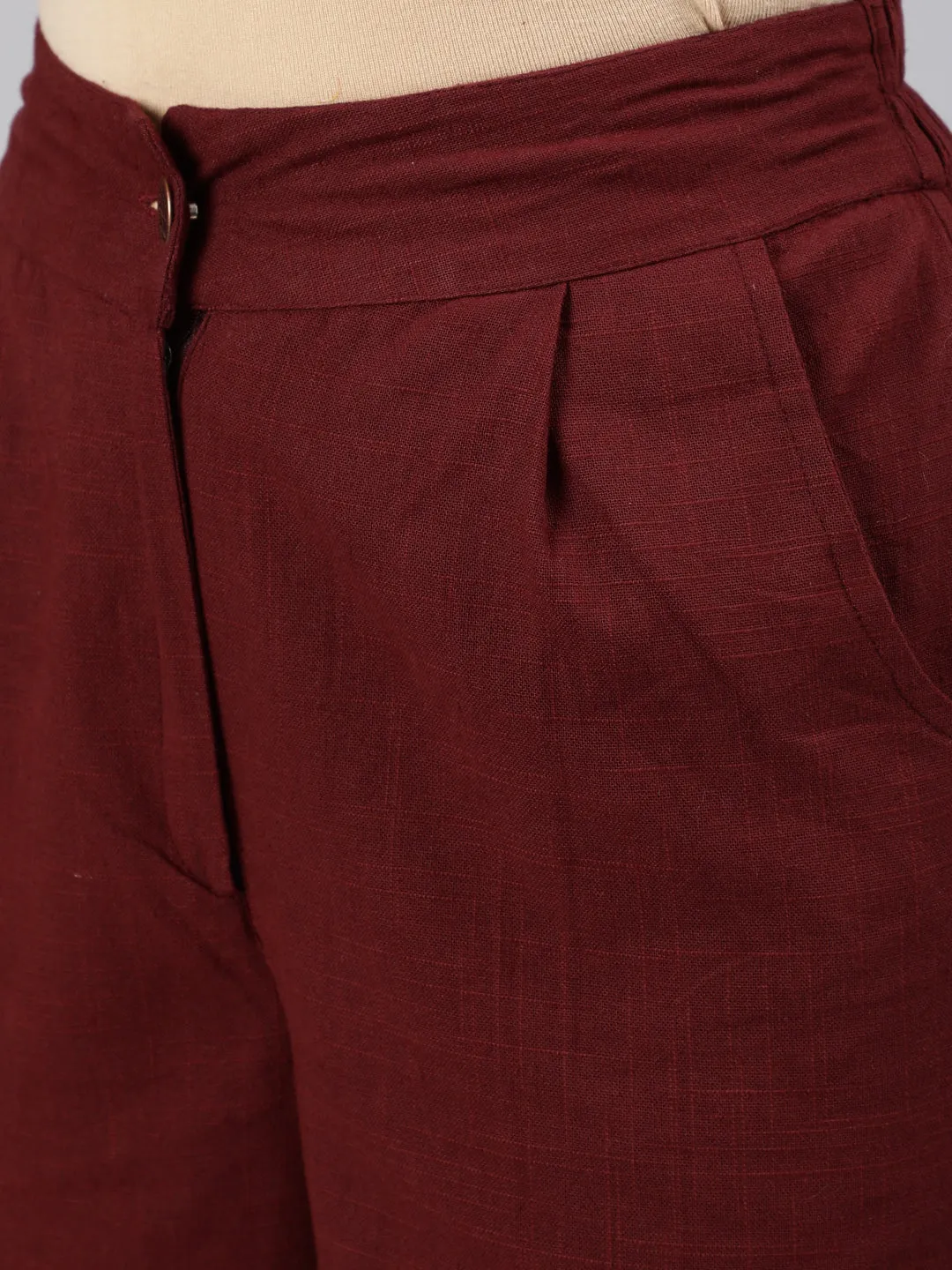 Burgundy Cotton Slub Straight High Rise Bottom-Fold Pants