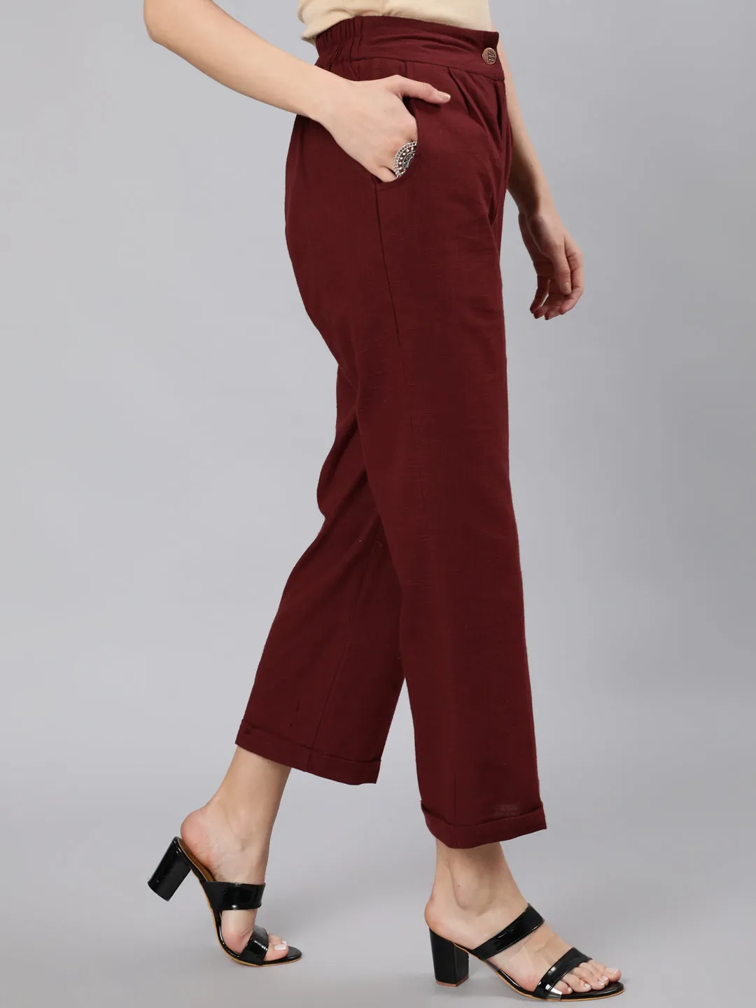 Burgundy Cotton Slub Straight High Rise Bottom-Fold Pants