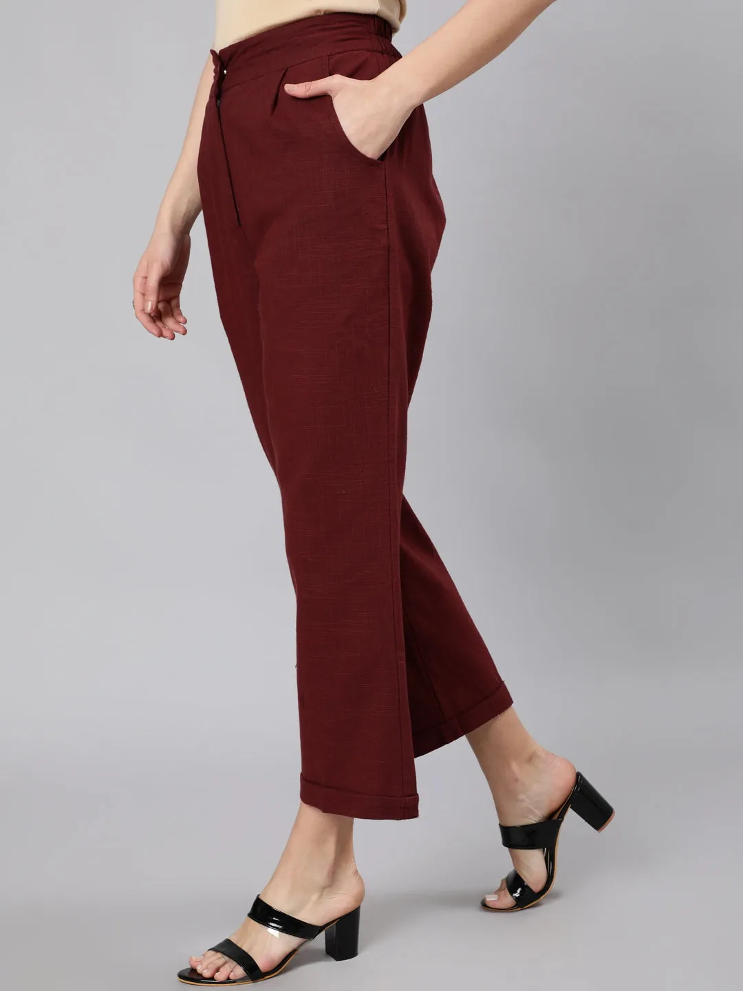 Burgundy Cotton Slub Straight High Rise Bottom-Fold Pants