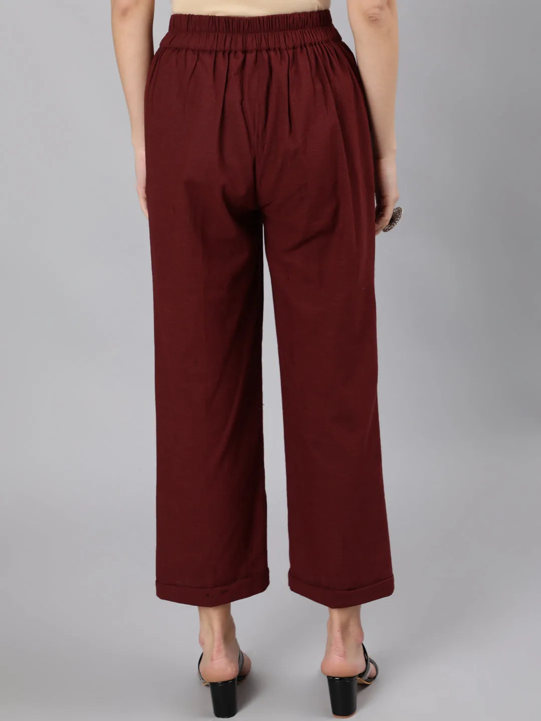 Burgundy Cotton Slub Straight High Rise Bottom-Fold Pants