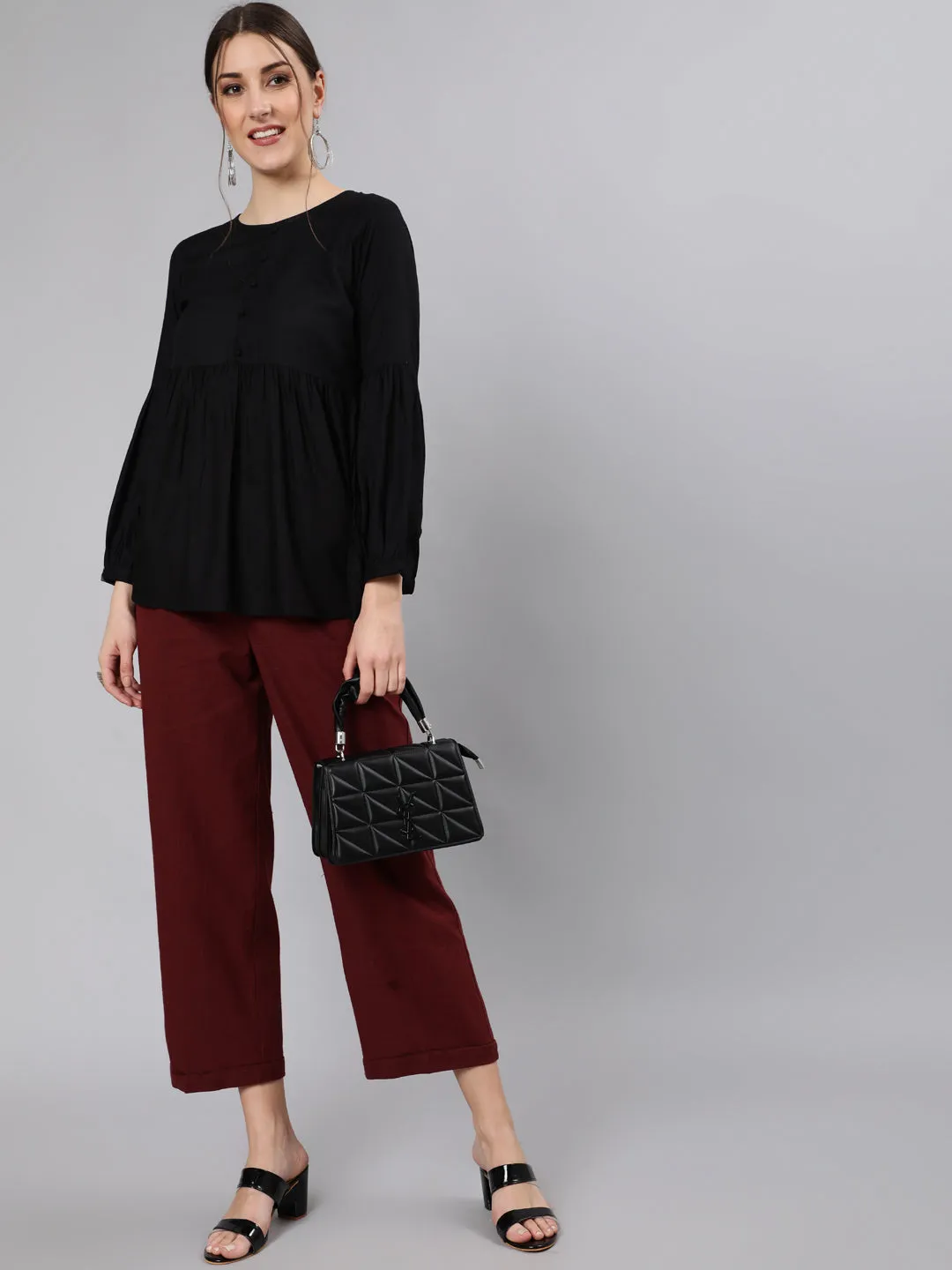 Burgundy Cotton Slub Straight High Rise Bottom-Fold Pants