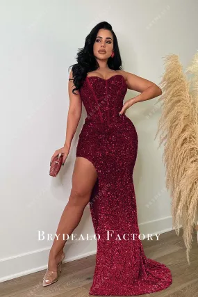 Burgundy Sequined Corset Slit Sweep Train Prom Dress