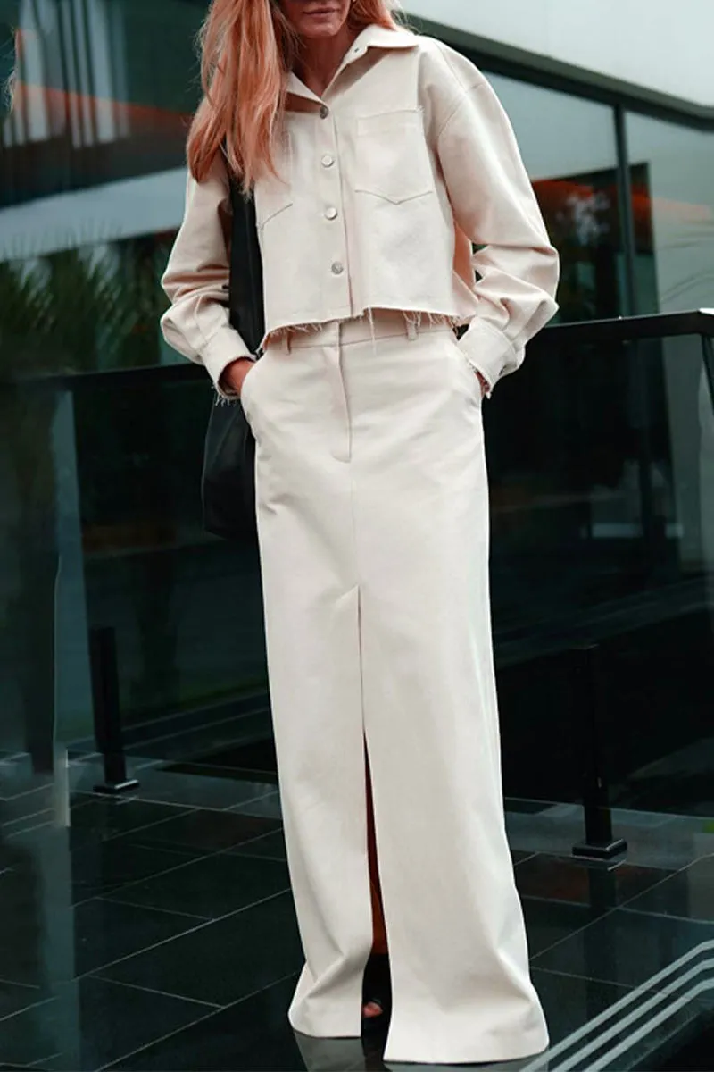 Casual Elegant Solid Pocket Turndown Collar Long Sleeve Two Pieces