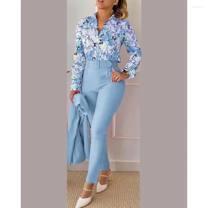 Casual Two-piece Print Front Button Shirt & Solid Color Pants B-116395