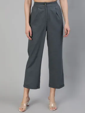 Charcoal Grey Cotton Slub Straight High Rise Bottom Fold Pants