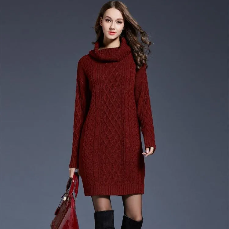 Chic Long Sleeve Turtleneck Knit Dress for Autumn and Winter