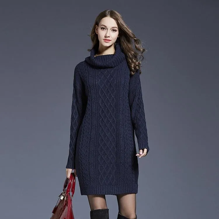 Chic Long Sleeve Turtleneck Knit Dress for Autumn and Winter