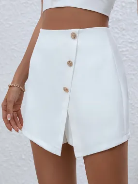 Chic Zip Back Solid Skorts High Waist Button Shorts