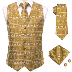 Christmas Golden White Novelty Men's Vest Hanky Cufflinks Tie Set