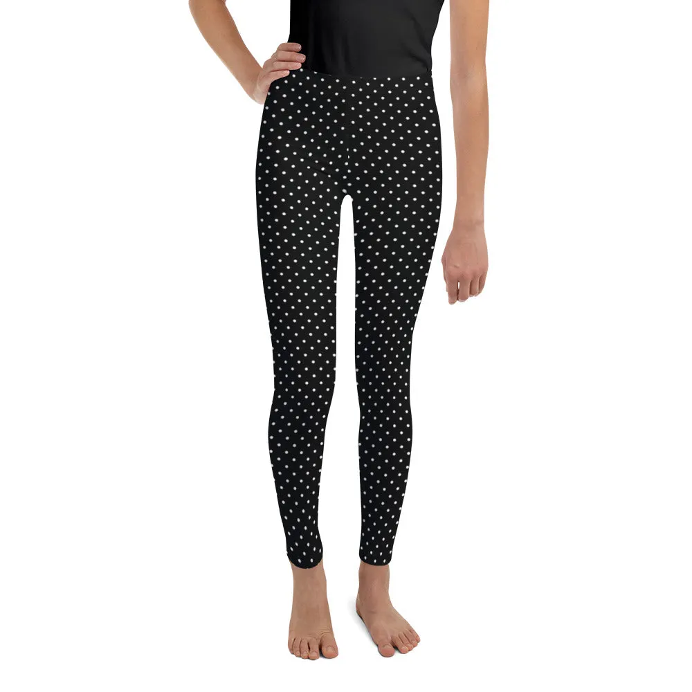 Classic Black White Polka Dots Print Premium Youth Leggings Tights - Made in USA/ EU