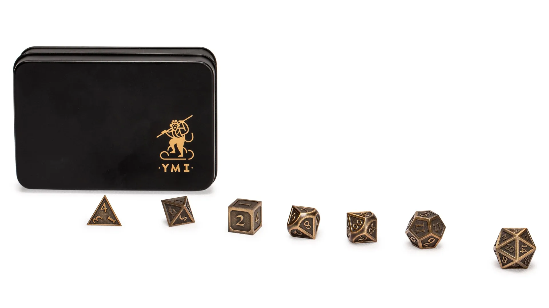 Collector's 7 Antique Gold Metal Dice Set with Storage Case, "Antiquity"