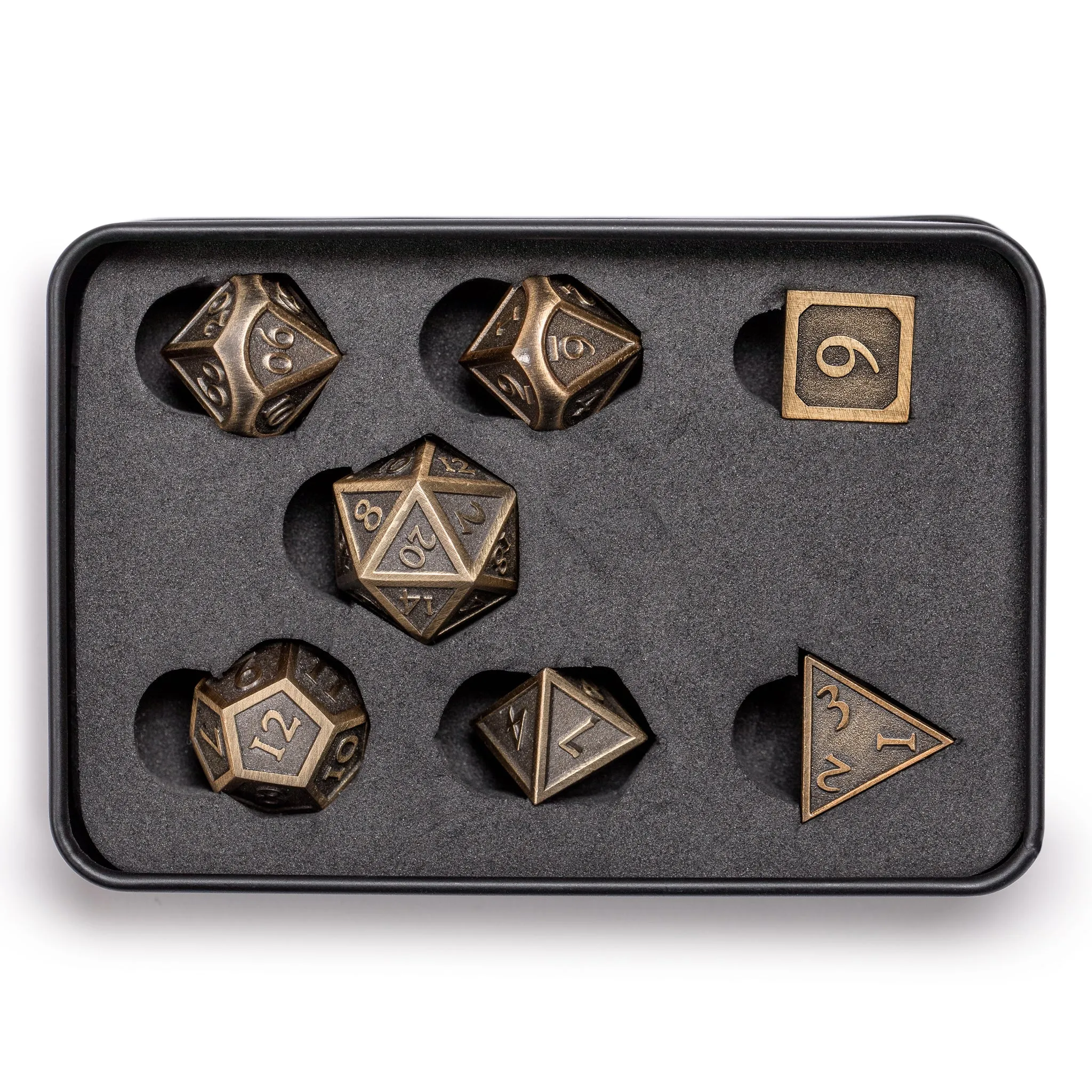 Collector's 7 Antique Gold Metal Dice Set with Storage Case, "Antiquity"