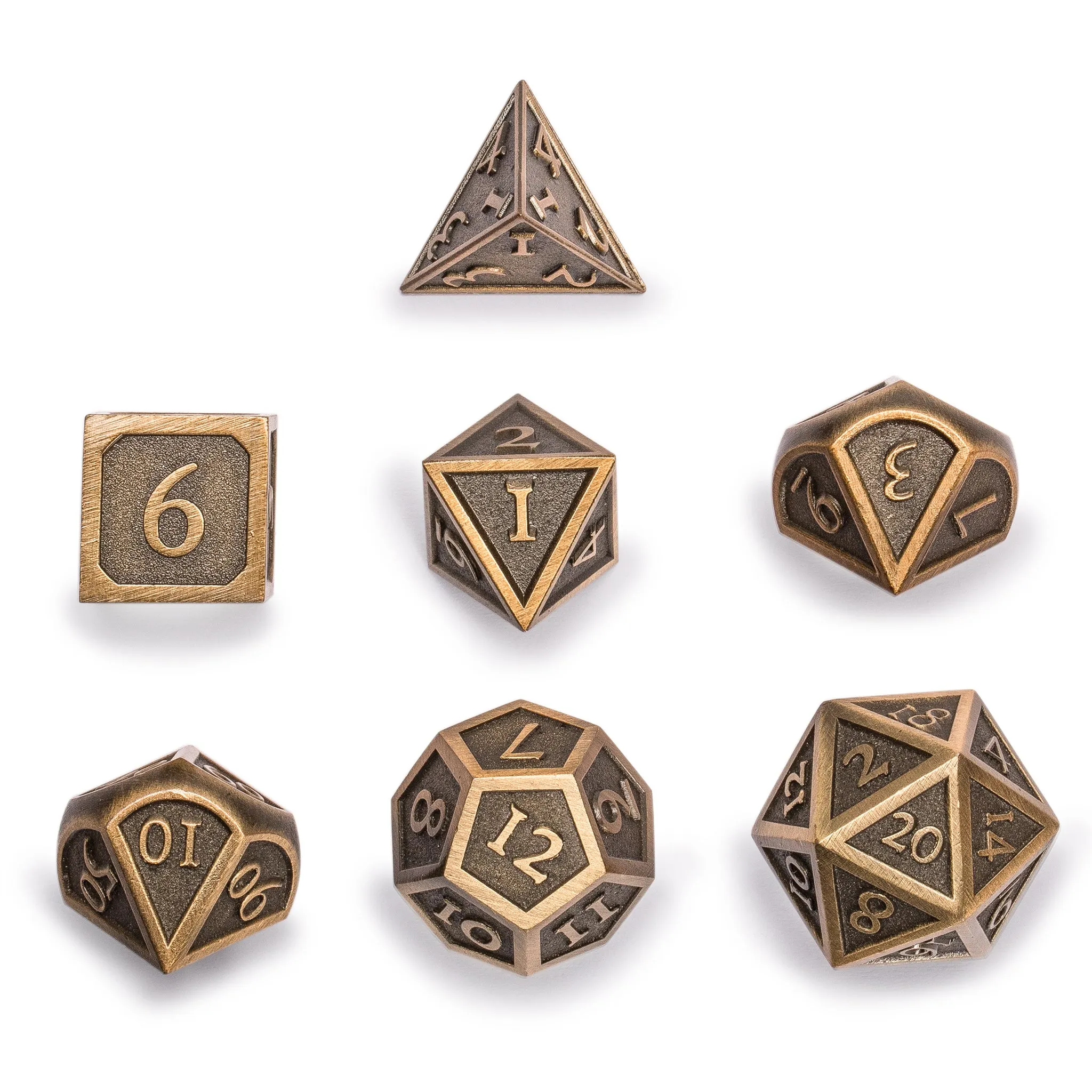 Collector's 7 Antique Gold Metal Dice Set with Storage Case, "Antiquity"