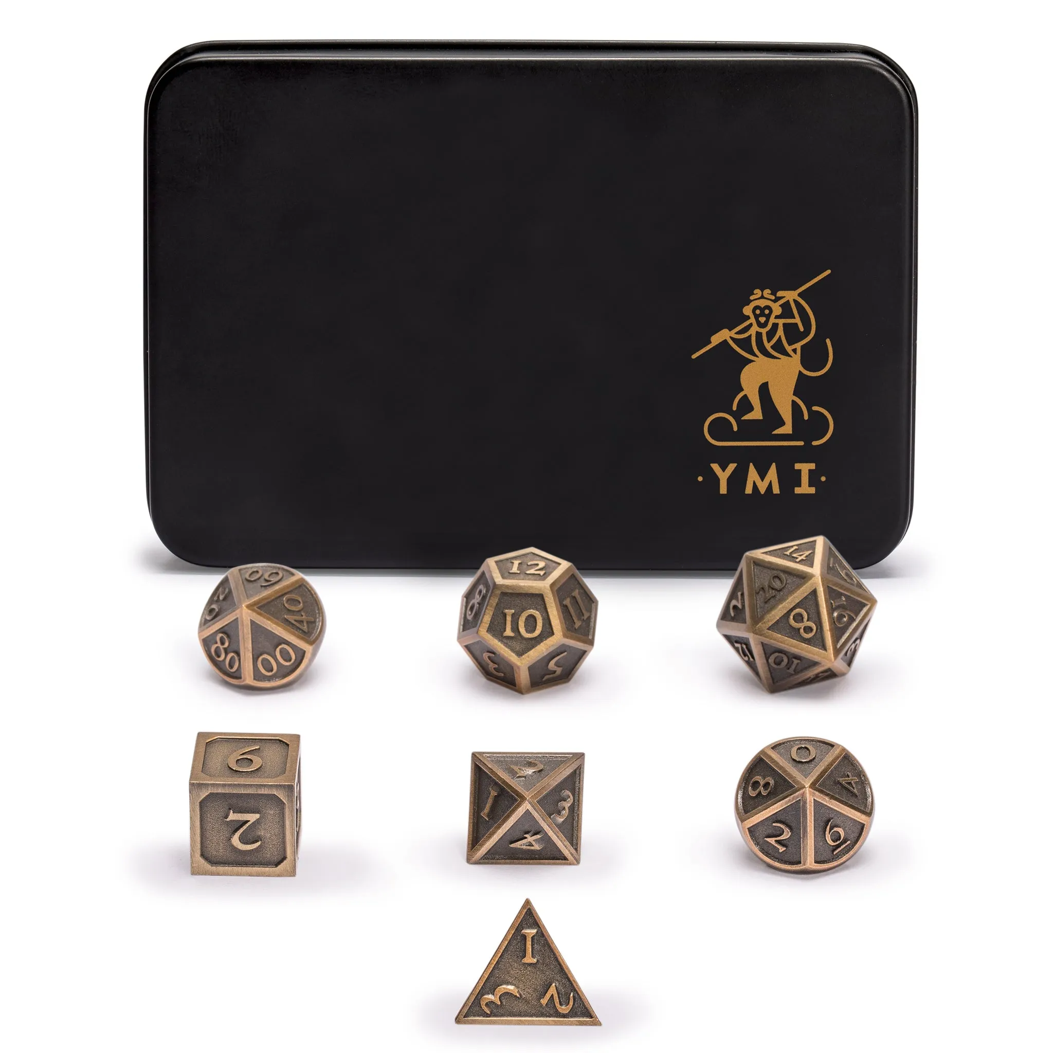 Collector's 7 Antique Gold Metal Dice Set with Storage Case, "Antiquity"