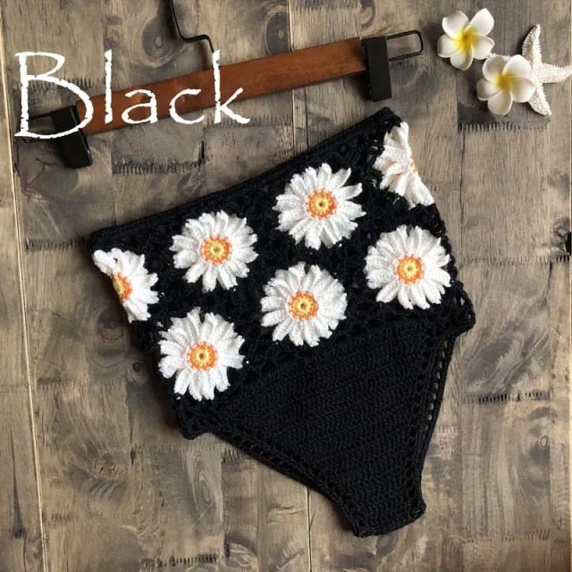 Crochet Daisies High Waist Bikini Bottoms Crocheted White Daisy Panties Cotton Yarn Daring See Through Weave Black White Rusty Red Yellow Blue Beige Red Or Green You Choose One Size