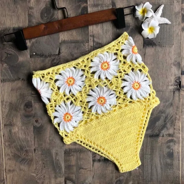 Crochet Daisies High Waist Bikini Bottoms Crocheted White Daisy Panties Cotton Yarn Daring See Through Weave Black White Rusty Red Yellow Blue Beige Red Or Green You Choose One Size