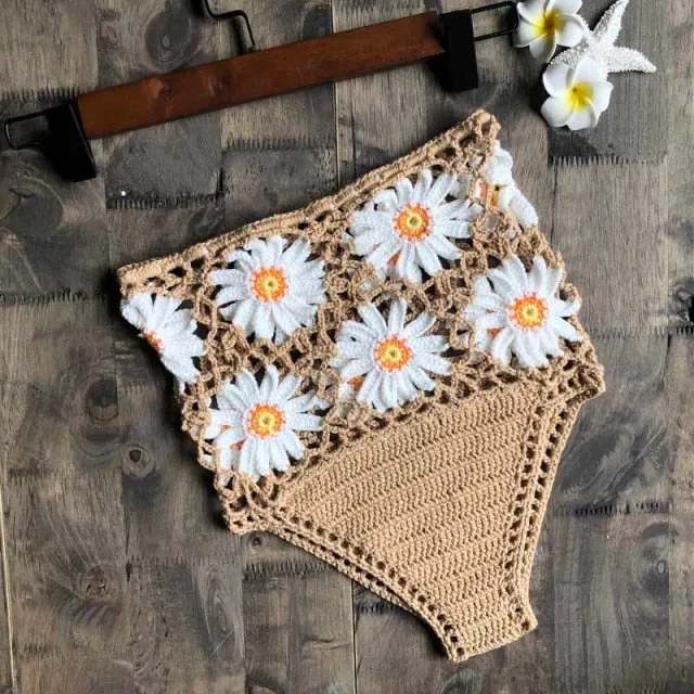 Crochet Daisies High Waist Bikini Bottoms Crocheted White Daisy Panties Cotton Yarn Daring See Through Weave Black White Rusty Red Yellow Blue Beige Red Or Green You Choose One Size