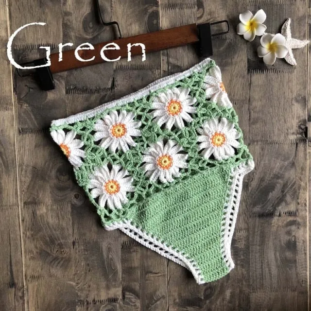 Crochet Daisies High Waist Bikini Bottoms Crocheted White Daisy Panties Cotton Yarn Daring See Through Weave Black White Rusty Red Yellow Blue Beige Red Or Green You Choose One Size