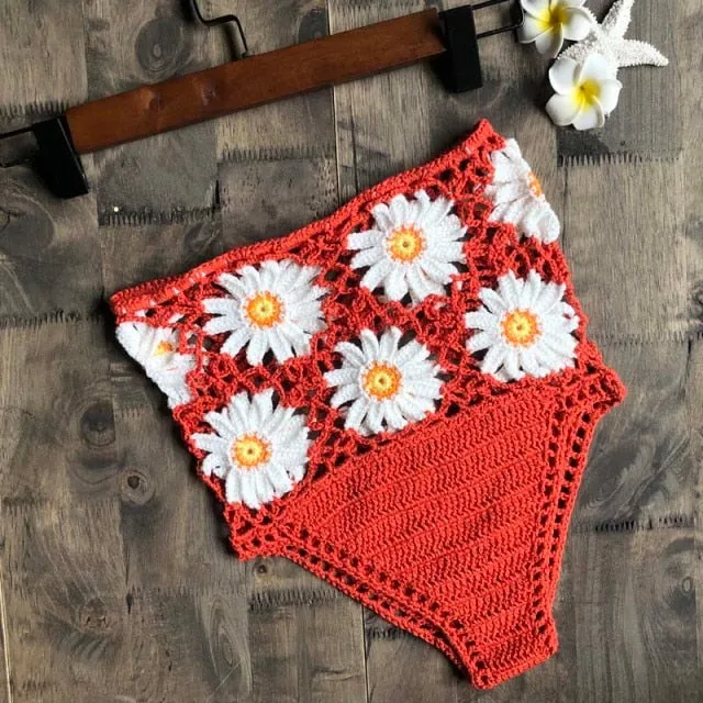 Crochet Daisies High Waist Bikini Bottoms Crocheted White Daisy Panties Cotton Yarn Daring See Through Weave Black White Rusty Red Yellow Blue Beige Red Or Green You Choose One Size