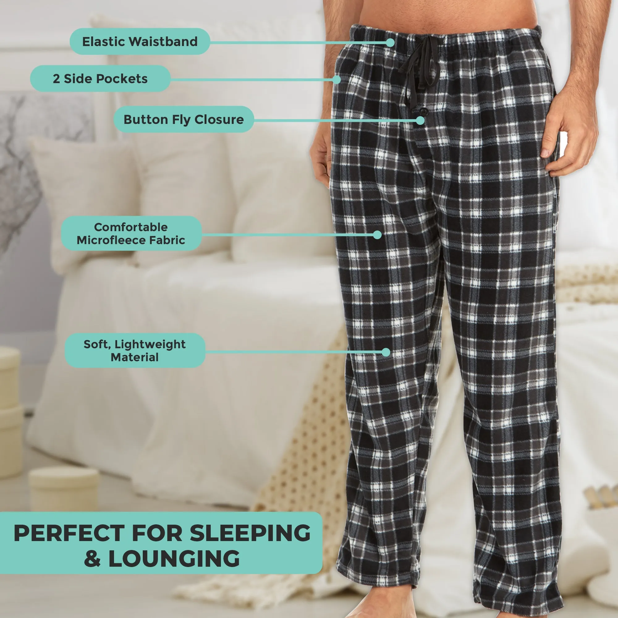 DARESAY Men's Microfleece Pajama Pants - Lounge Wear with Pockets and Adjustable Waistband