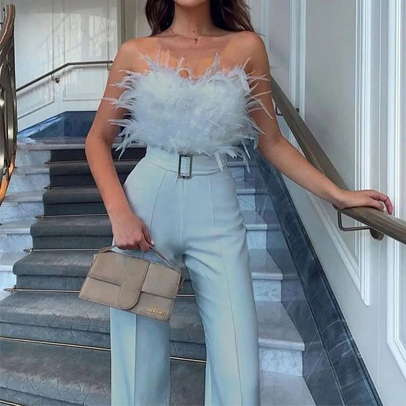 Designer Strapless Feather Bandeau Wide Leg Palazzo Jumpsuit