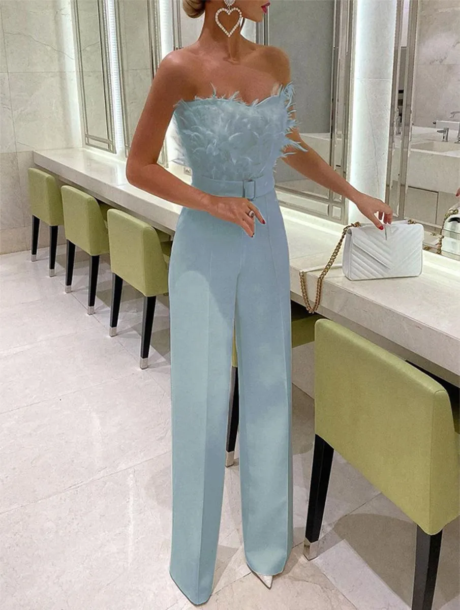 Designer Strapless Feather Bandeau Wide Leg Palazzo Jumpsuit