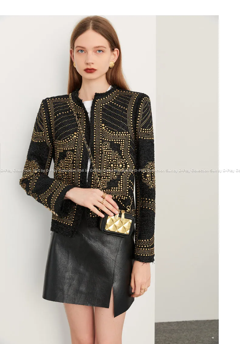 DPLAY autumn and winter heavy metal rivets round neck bright silk tweed coat - Jaula