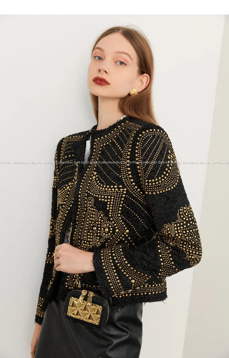 DPLAY autumn and winter heavy metal rivets round neck bright silk tweed coat - Jaula