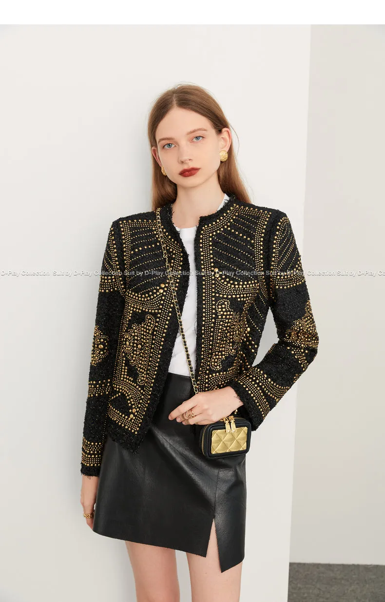 DPLAY autumn and winter heavy metal rivets round neck bright silk tweed coat - Jaula