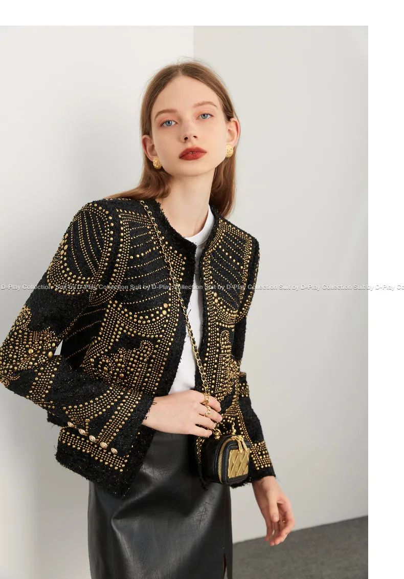 DPLAY autumn and winter heavy metal rivets round neck bright silk tweed coat - Jaula