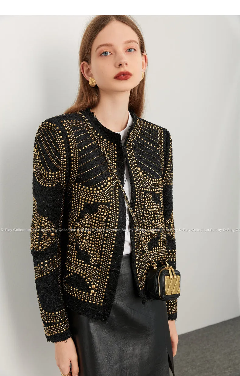 DPLAY autumn and winter heavy metal rivets round neck bright silk tweed coat - Jaula