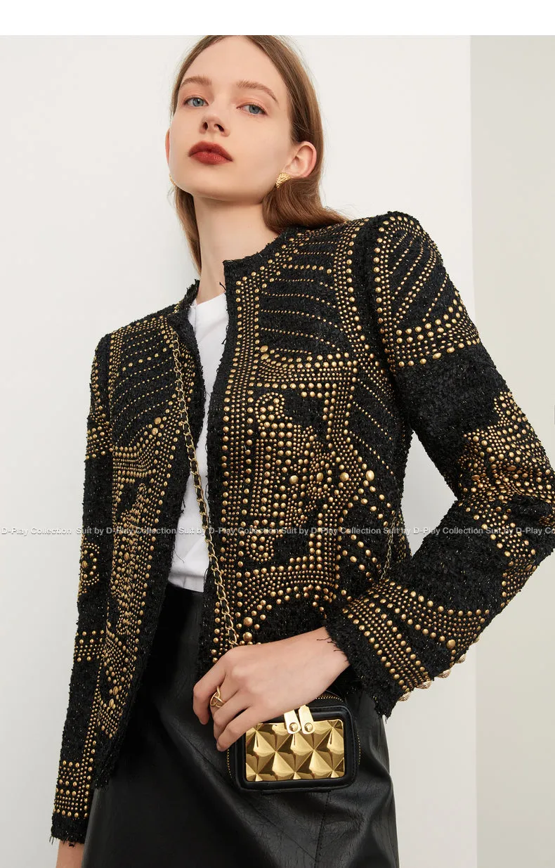 DPLAY autumn and winter heavy metal rivets round neck bright silk tweed coat - Jaula