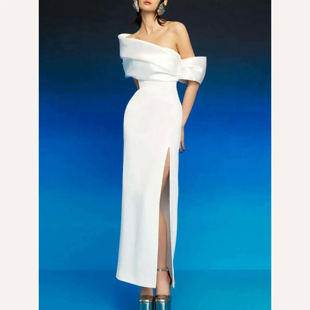 Elegant High Waist Split Women's Evening Dress with Diagonal Collar Pleated Design Customizable for Spring Season