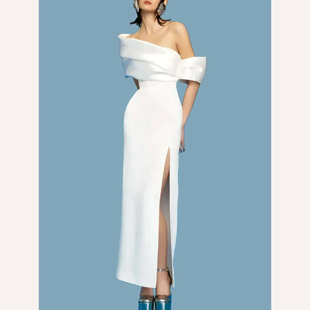 Elegant High Waist Split Women's Evening Dress with Diagonal Collar Pleated Design Customizable for Spring Season