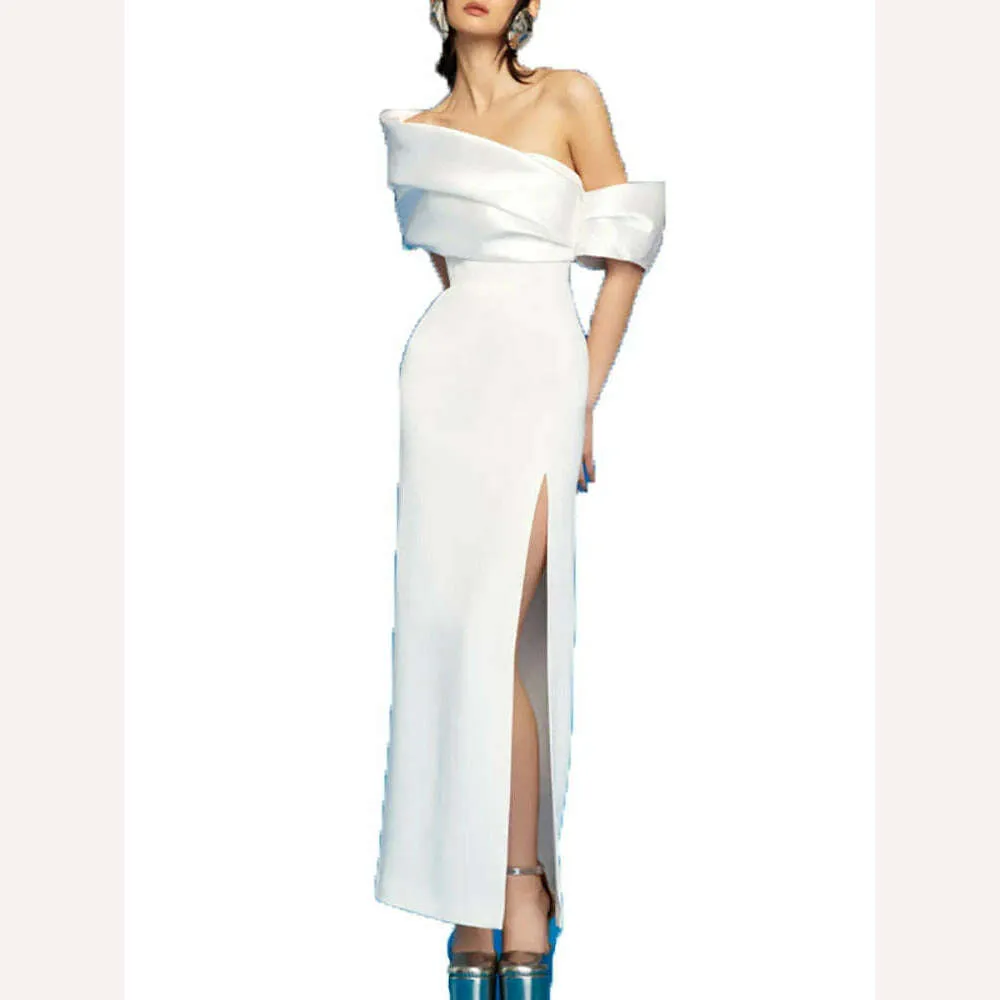 Elegant High Waist Split Women's Evening Dress with Diagonal Collar Pleated Design Customizable for Spring Season