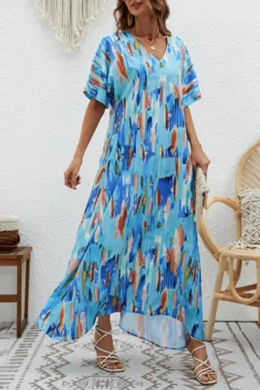 Elegant V-Neck Printed High Waist Loose Swing Dress