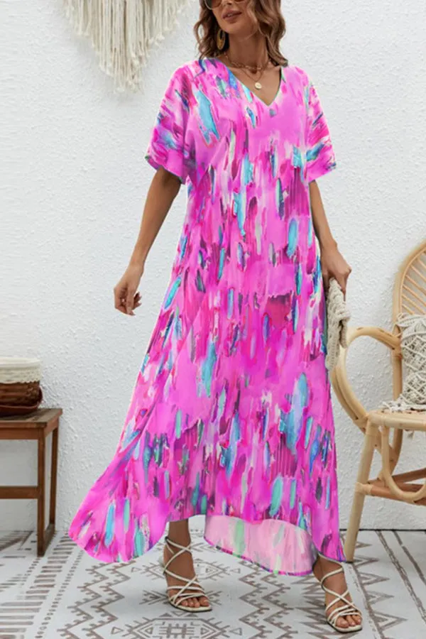 Elegant V-Neck Printed High Waist Loose Swing Dress