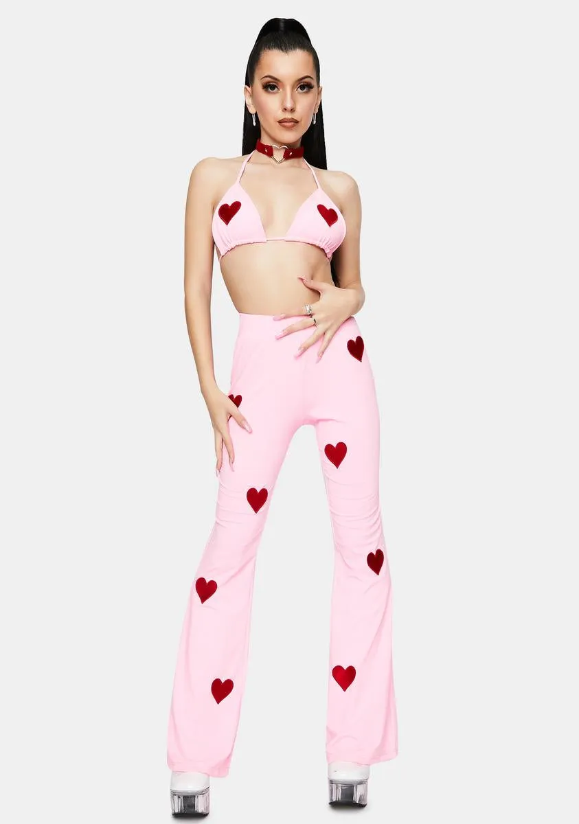 Embroidered Heart Pink Flare Pants