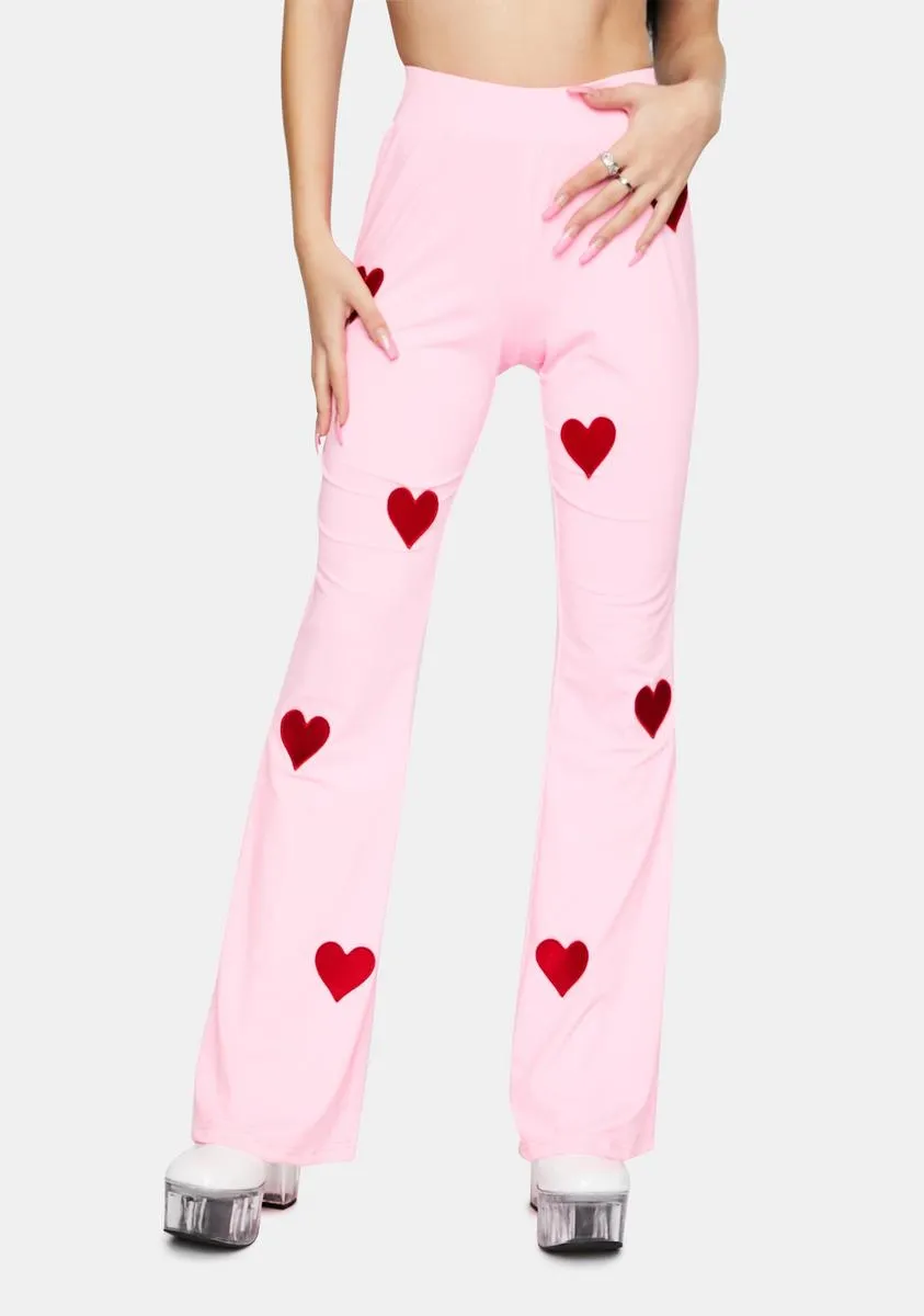 Embroidered Heart Pink Flare Pants