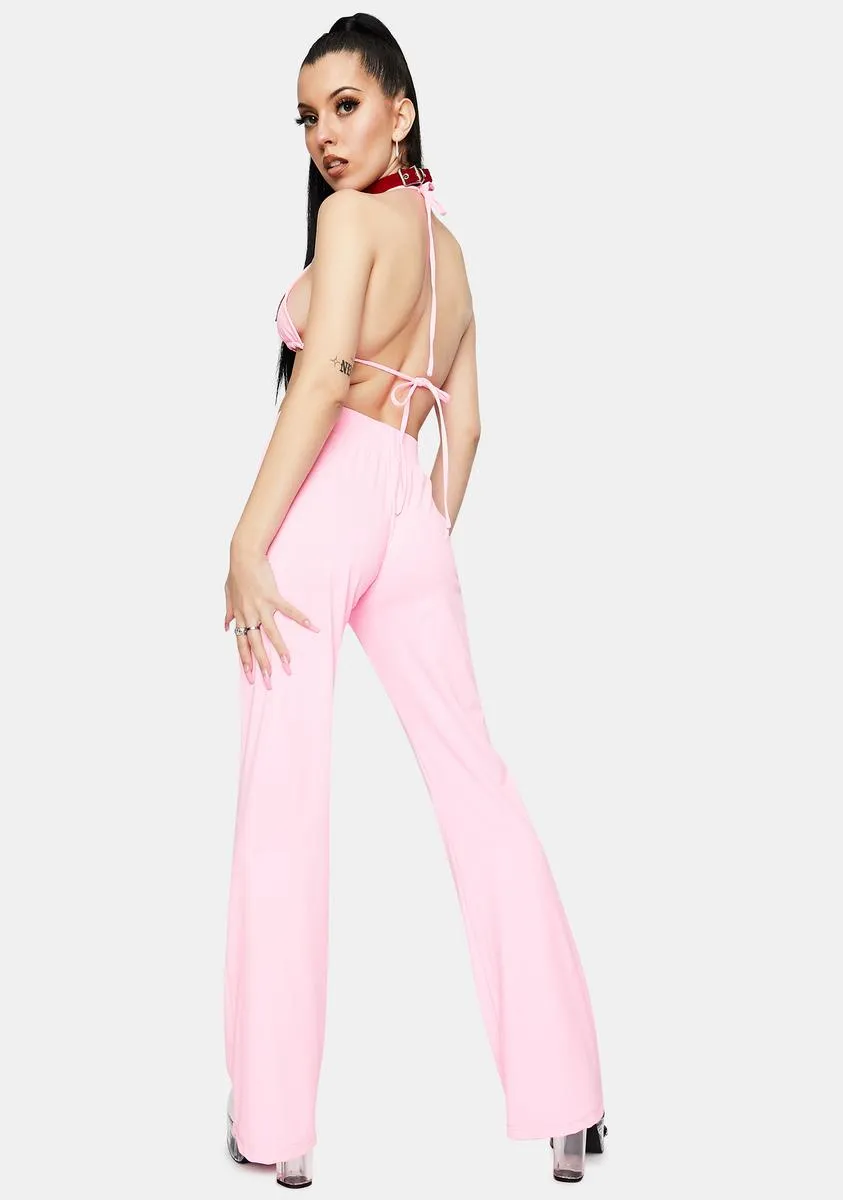 Embroidered Heart Pink Flare Pants