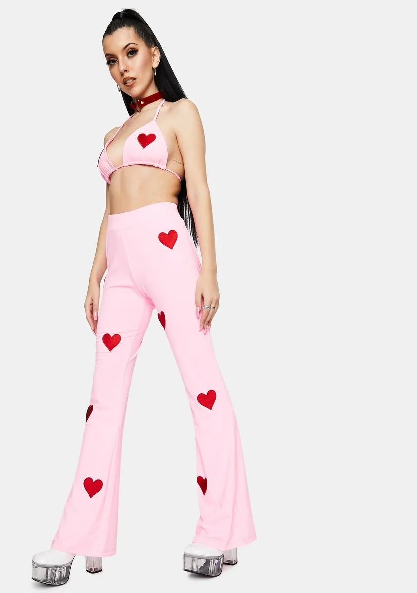 Embroidered Heart Pink Flare Pants