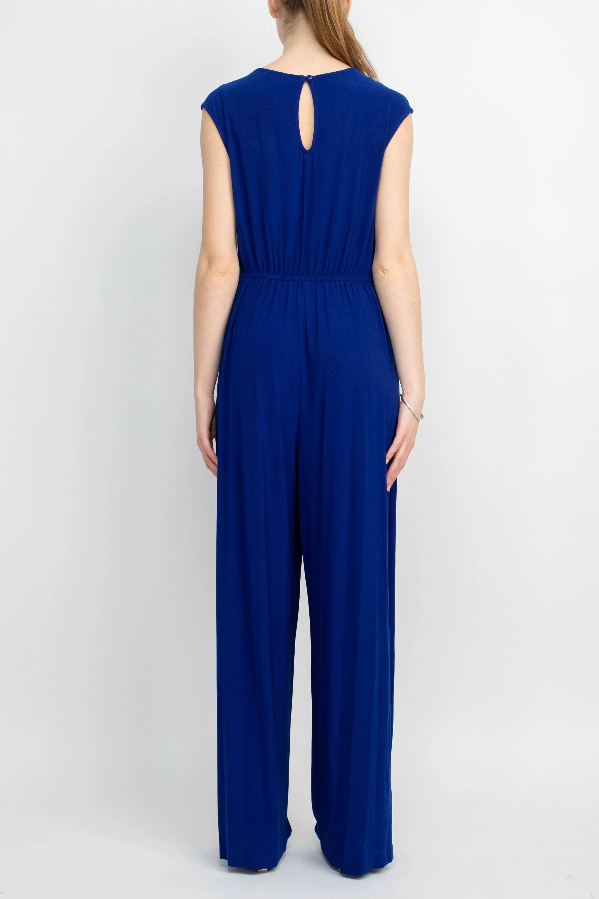 Emma & Michele V-Neck Cap Sleeve Draped Ruched Solid Keyhole Back ITY Jumpsuit with Pockets by Curated Brands