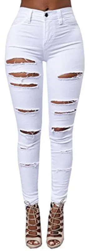 Ermonn Women's Distressed Ripped Denim Pencil Jeans Stretch, White, Small