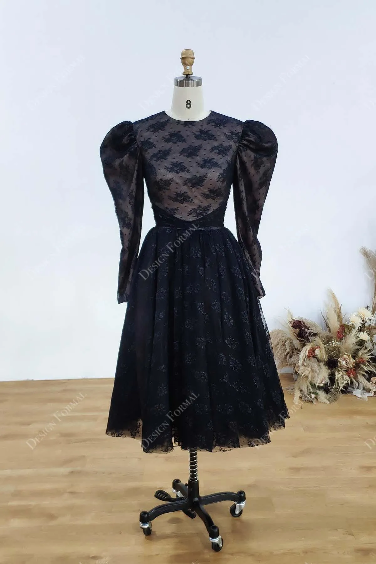 Filipino Sleeves Black Lace Tea Length A-line Designer Formal Dress