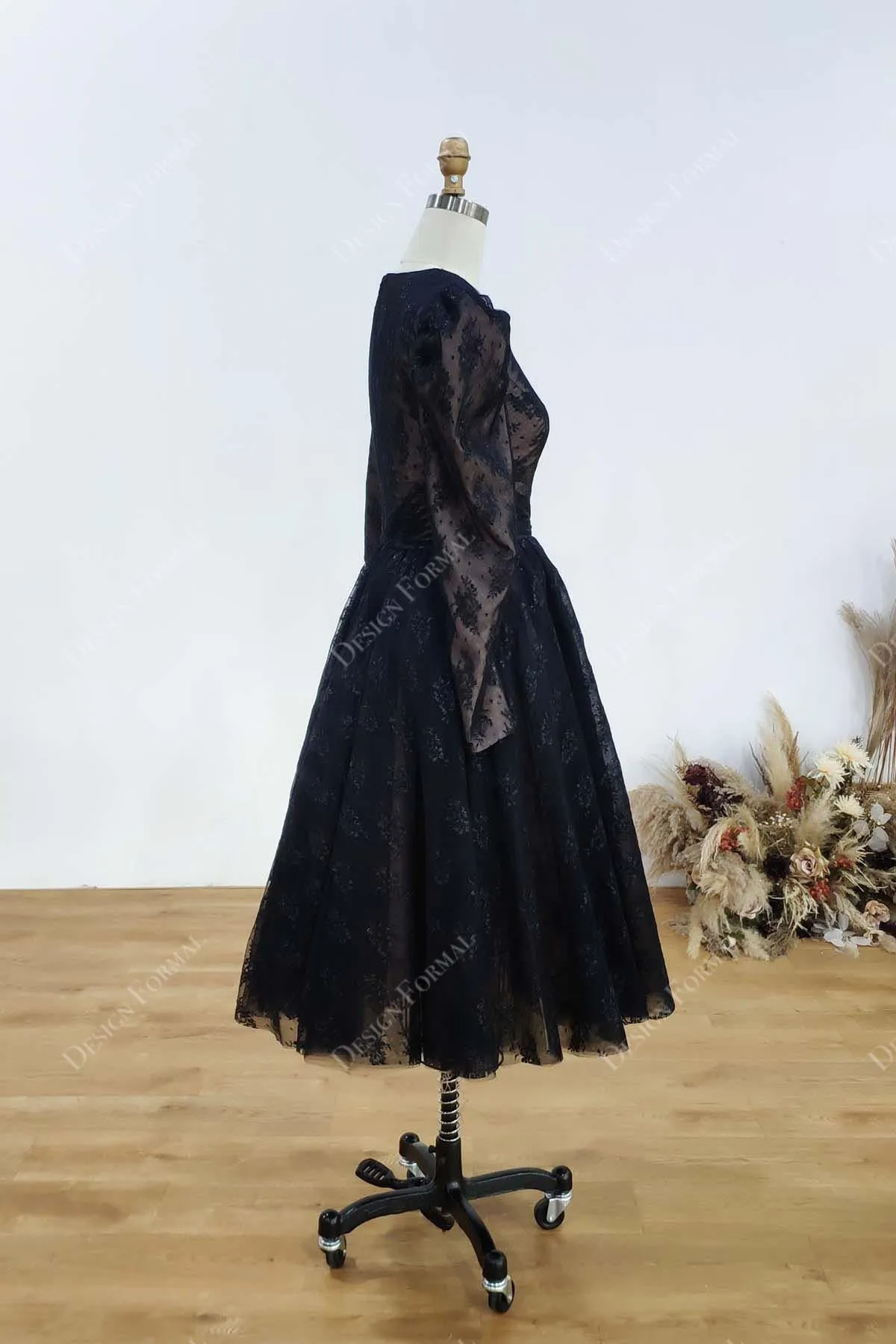 Filipino Sleeves Black Lace Tea Length A-line Designer Formal Dress