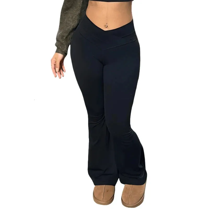 Flared Leggings Crossover V Waist Women's Yoga Pants Control Tummy High Waist Breathable Wide Leg Pants Casual Elegant Trousers