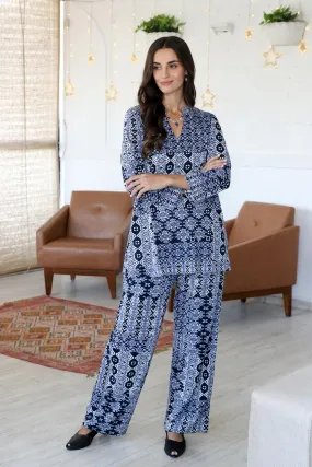 Floral-Patterned Viscose Pants from India - Mughal Blue | NOVICA