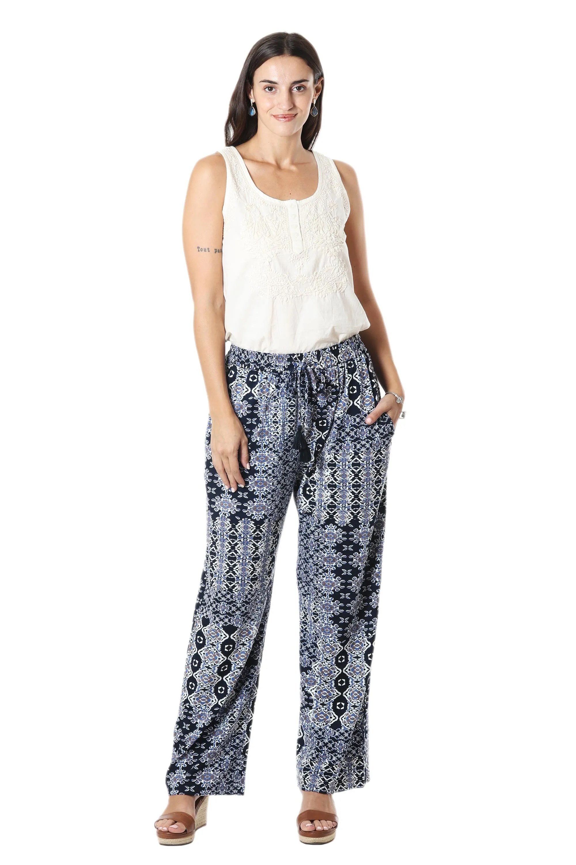 Floral-Patterned Viscose Pants from India - Mughal Blue | NOVICA