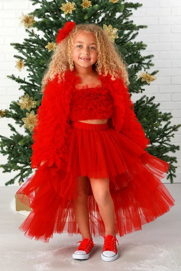 Girls Ruby Red Ruffle Layered Tulle Top Skirt 2 Piece Set, 12M-14