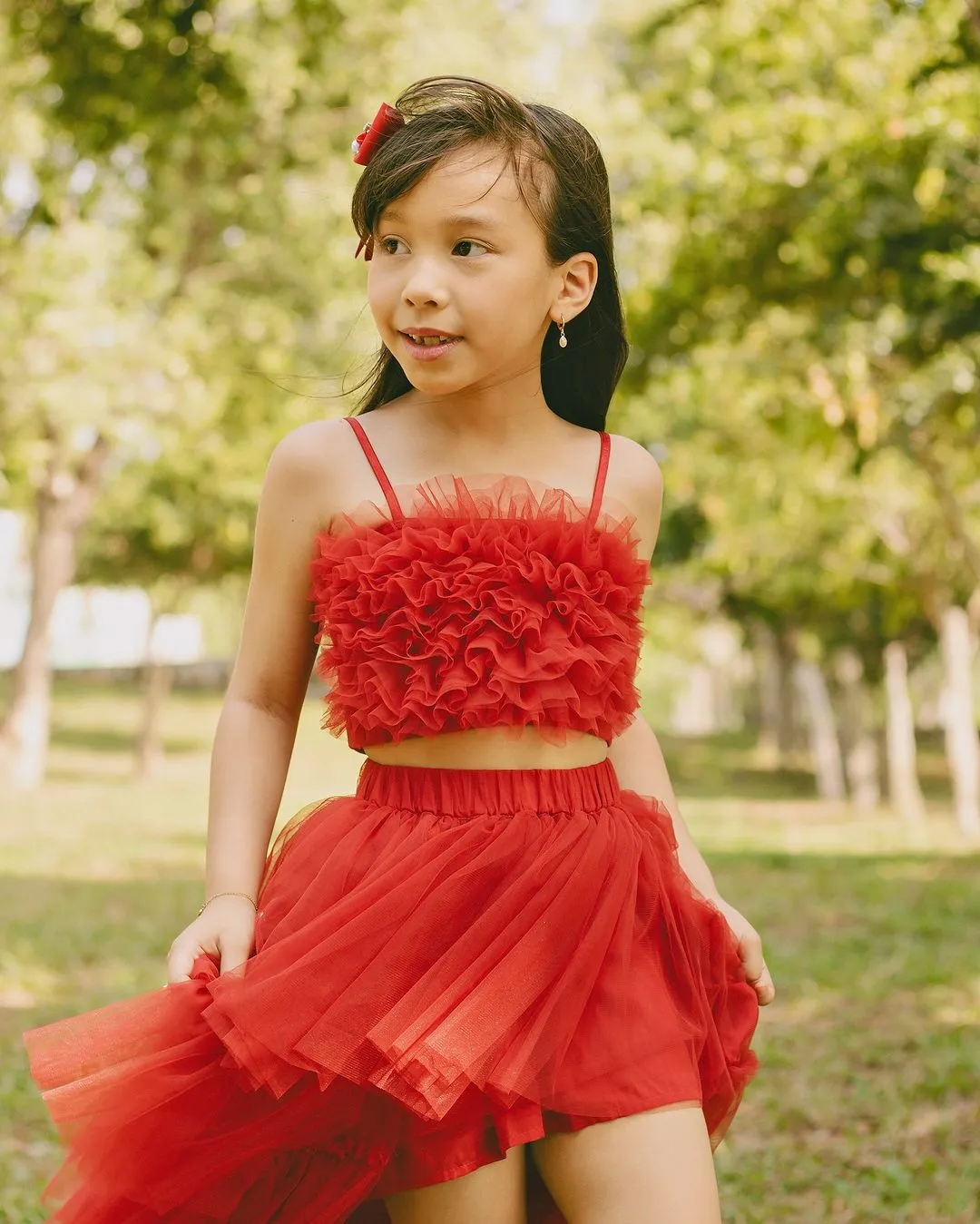 Girls Ruby Red Ruffle Layered Tulle Top Skirt 2 Piece Set, 12M-14